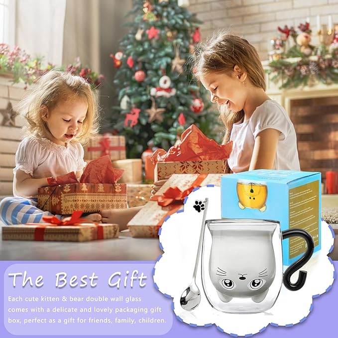 Black Cat Mug Cute Mug with Handle Double Walled Coffee Mugs Kawaii Cat Presents for Women Glass Mugs Tea Cup Cute Birthday Gifts for Cat Lovers Ideas Halloween Christmas