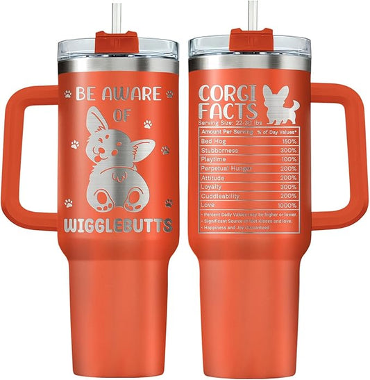 34HD Corgi Tumbler with Handle and Straw, 40oz Dog Mom Stainless Steel Coffee Mug with Lid, Beware of Wigglebutts Cup, Corgi Mom Gifts for Friends Sisters Daughter Aunt
