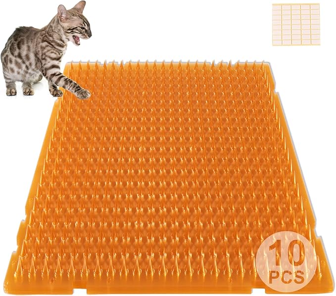 10 Pcs Scat Mat for Cats, 16x13 Inch Cat Deterrent Indoor Mat, Cat Scat Mat with Spikes Outdoor Use, Humane Pet Repellent Fence, Orange Color for Cat/Dog Easily See