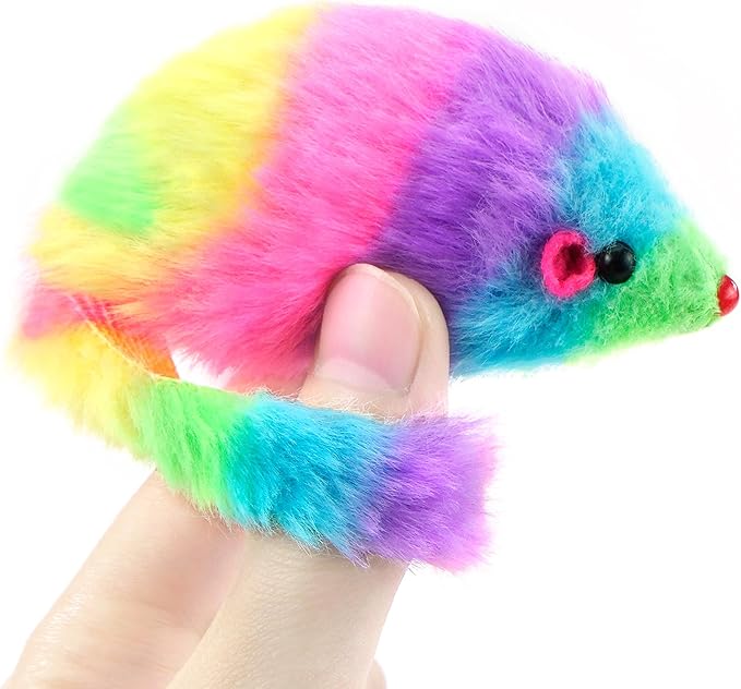 CHIWAVA 24PCS 2.8" Rainbow Color Furry Cat Toy Mice with Rattle Kitten Mouse Interactive Play