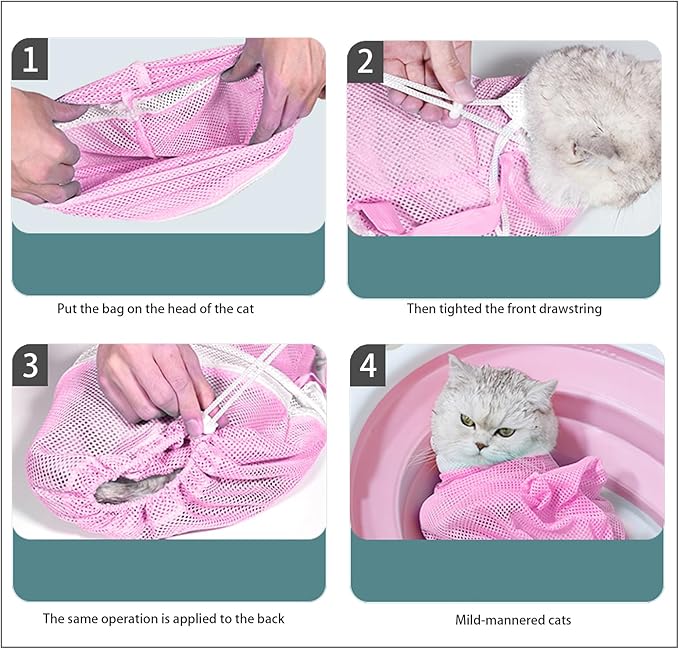 Anti-Scratch Silicone cat Shoes,Cat Claw Covers,Adjustable Multifunctional Anti-Bite Shower net Bag，Cat Grooming Mesh Bag, Pet Medical Shoes,Cat Bathing Bag (Pink)