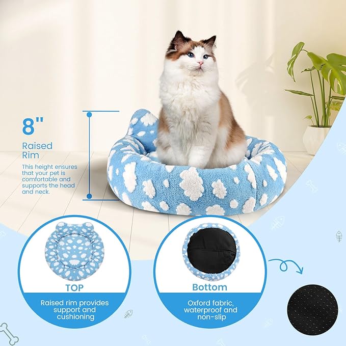 Cat Bed & Dog Bed, Removable Cozy Soft Cat Bed Washable Round Cute Dog Bed with Jacquard for Small Medium Cats and Dogs, Blue Sky M