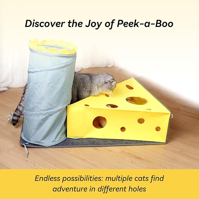 Cat Tunnel Bed for Indoor Cats Peekaboo, Warm 2-in-1 Cheese Shape Design with Ball Toy Large Cat Felt Mat, Scratch Resistant Cat Activity Play Mats for Multiple Cats, Dogs Up to 10lb [Yellow]