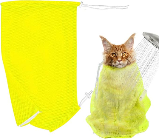 Cat Bathing Bag Anti Scratch and Bite, Cat Shower Bag Soft Mesh Net Bag for Small/Medium/Large Cats Restraint Grooming Nail Trimming Washing - Yellow