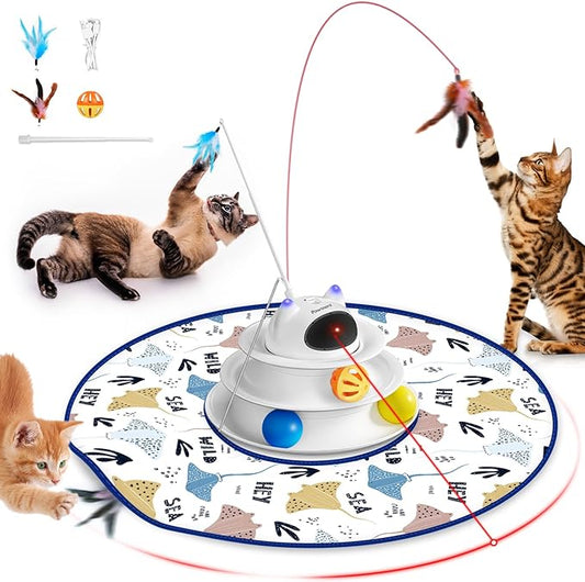 Pawtners Interactive Cat Toy: 5 in 1 Automatic Cat Toy for Indoor Cats, Rechargeable Hide and Seek Toy with PVC Cover, Battery Operated Kitten Laser Toy with Standard Accessories Pack
