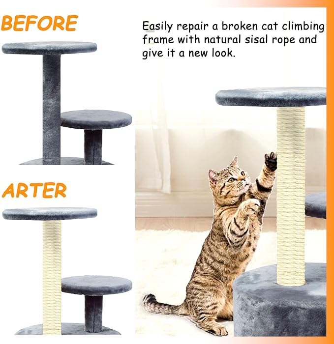 Sisal Rope for Cat Scratcher 1/4" Diameter 164 FT Cat Natural Sisal Rope for Repairing Cat Scratching Post Cat Tower Repair Rope Cat Tree Rope Replace Recovering and DIY