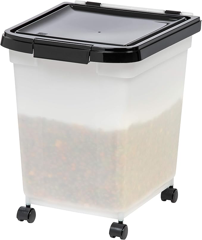 IRIS USA WeatherPro Airtight Dog Food Storage Container, Up to 25 lbs, Removable Wheels, for Dog Cat Bird and Other Pet Food Storage Bin, Keep Fresh, Translucent Body, Pearl/Black