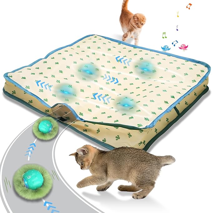 Interactive Cat Toys, Fast Rolling Ball in Play Mat, Motion Activated Cat Toys for Indoor Cats, Hide and Seek Game, Electric Cat Mouse Toy