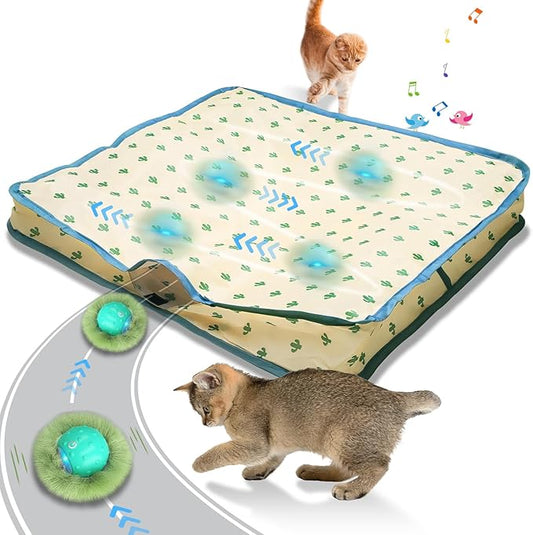 Interactive Cat Toys, Fast Rolling Ball in Play Mat, Motion Activated Cat Toys for Indoor Cats, Hide and Seek Game, Electric Cat Mouse Toy