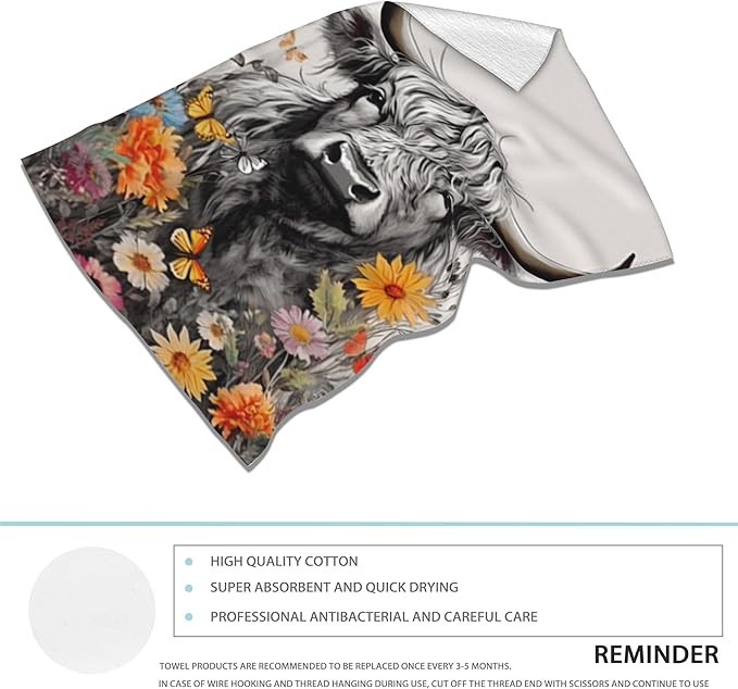 Highland Cow Hand Towels Set of 2,Daisy Flower Soft Fingertip Bath Towel Small Face Washcloths Decor Kitchen Towel for Hotel Spa Gym Sport 28x14in