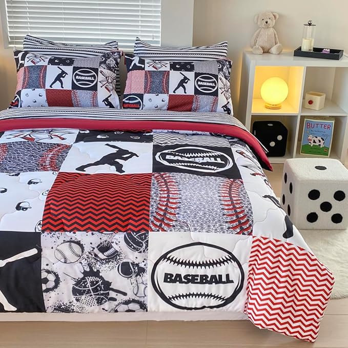 7 Piece Baseball Comforter Set Bed in A Bag Queen Size 3D Softball Sports Bedding Set for Boys Kids Microfiber Comforter All Season (1 Comforter, 1 Flat Sheet, 1 Fitted Sheet, 4 Pillowcase)