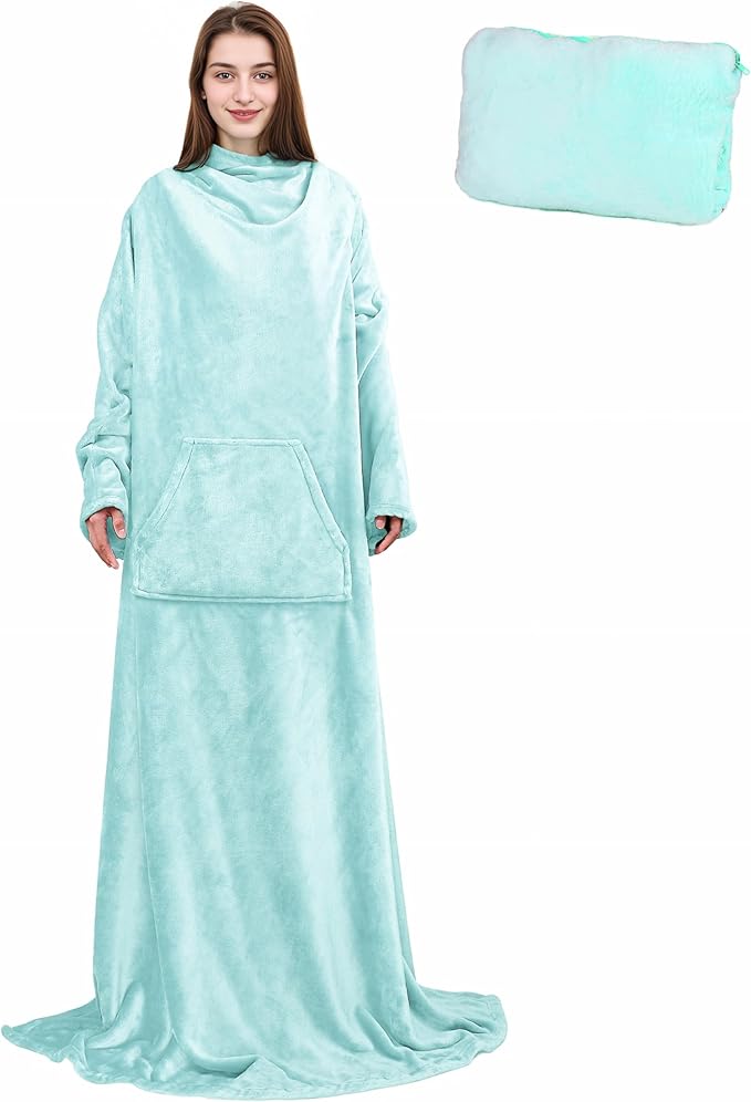 Solaris Travel Wearable Blanket with Sleeves, 2 in 1 Packable Airplane Pillow Blanket for Adult Women Men, Soft Cozy Warm Snuggy Body Blanket for Outdoor Indoor Home Lounge, Aqua