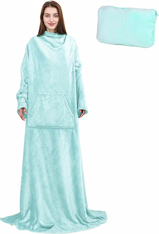 Solaris Travel Wearable Blanket with Sleeves, 2 in 1 Packable Airplane Pillow Blanket for Adult Women Men, Soft Cozy Warm Snuggy Body Blanket for Outdoor Indoor Home Lounge, Aqua