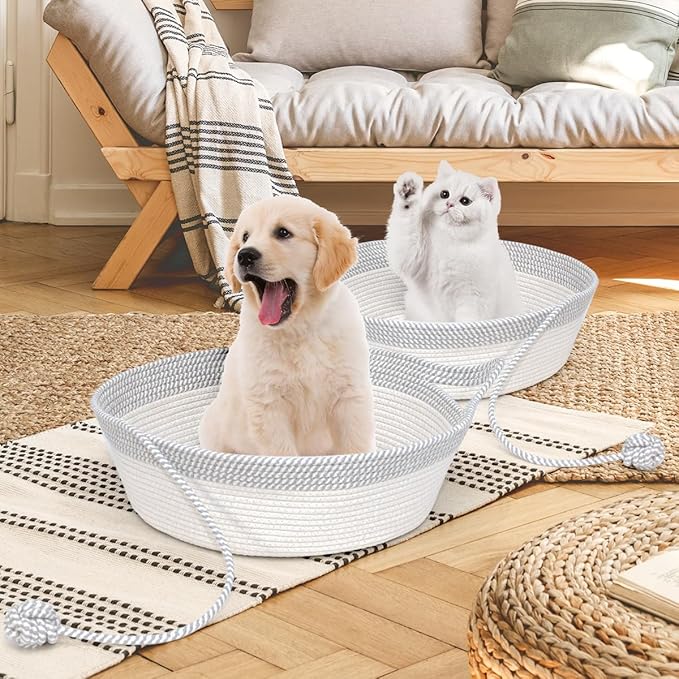 Cat Bed Basket, Hand Woven Cat Bed with Toy Tail, Cotton Rope Cat Bed, Cat Foldable Sleeping Basket, Kitten Shaped House for Cats, Puppies, Rabbits and Small Pets (Medium, Gray & White)