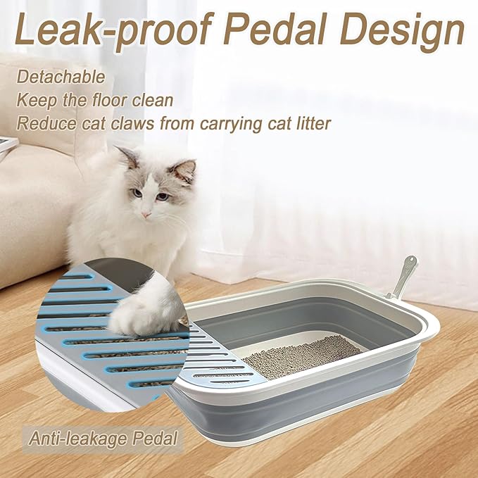 2 pcs Collapsible Kitten Litter Box,Low Entry Shallow Open Cat Potty Pan with Scoop Foldable Shallow Cat Toilet Travel Litter Box with Falling Sand Pedal for Kitty to Senior Cats 2PCS(Grey, Large)