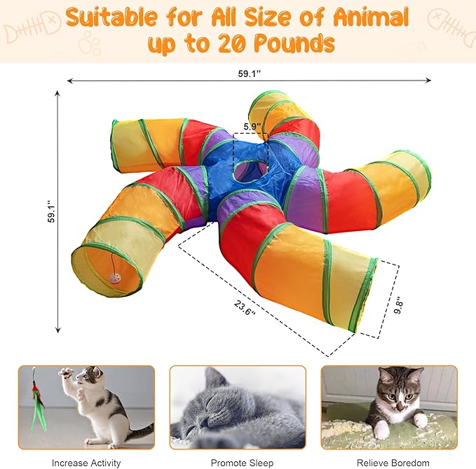 Depets Cat Tunnel for Indoor Cats, 5 Way Large Cat Tube with Play Ball, S-Shaped Folded Cat Play Tunnel Toy for Indoor Exercise, Durable Interactive Peephole Pet Tunnel for Cat Kitten Puppy Rabbit
