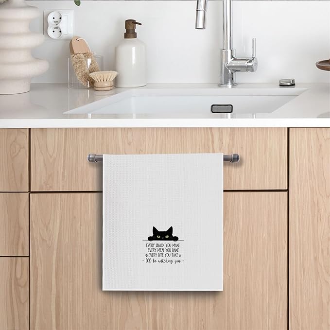 Black Cat Kitchen Towels - Black Cat Decorative Waffle Weave Dish Towels, Black Cat Gifts Hand Tea Towels, Cat Towels for Cat Lovers, Cat Mom Gifts, 16x24 Inch