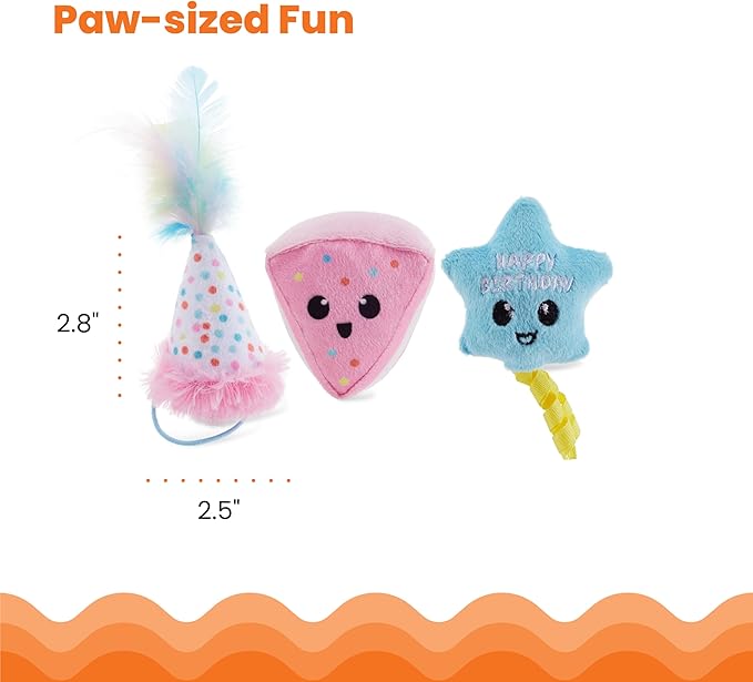 Catstages Happy Purrthday Birthday Themed Plush Catnip Blend Cat Toys, 3Pk, Multicolored