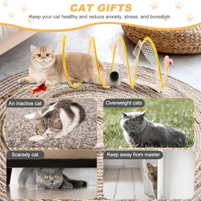 2Pcs Self Play Cat Hunting Spiral Tunnel Toy, Folded Cat Tunnel Toy Spiral Cat Toy, Cat Spring Toy Spiral Cat Toys, Indoor Cat Activity Structure with Feather(Yellow,Size:19.7inch)