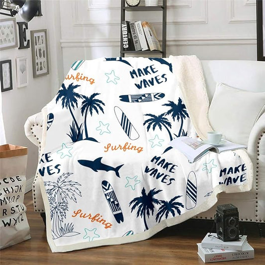 Feelyou Palm Tree Fleece Surfboard Surfing Sports Sherpa Blanket for Couch Travel Sofa Microfiber Hawaiian Tropical Plush Throw Blanket Shark Starfish Room Decor Fuzzy 50"x60"