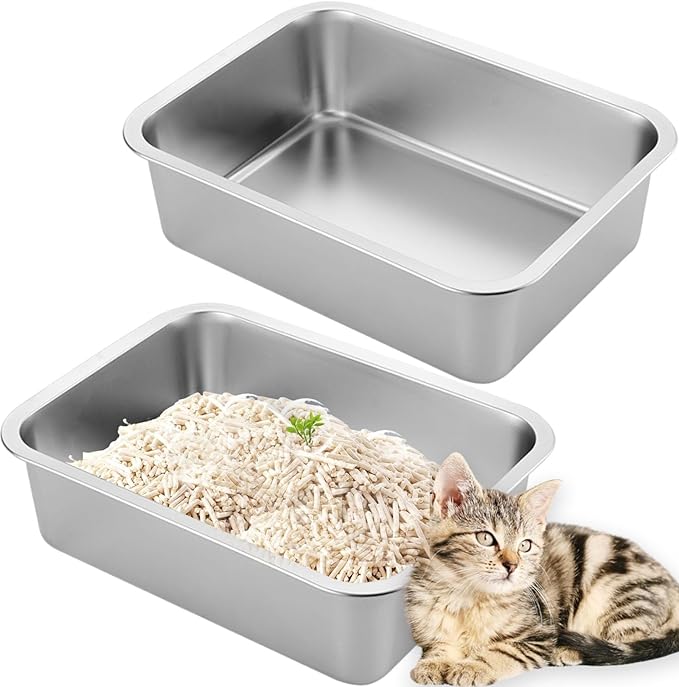 2 Pack Stainless Steel Cat Litter Box with High Sides, Metal Litter Box Non Stick Litter Pan and Pet Toilet for Cats, Kitten, Rabbits, 17.5 x 13.5 x 6 Inch