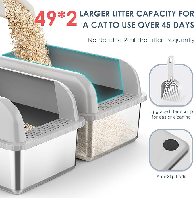2 Pack 8" Deep Stainless Steel Litter Box with Lid, Extra Large Stainless Steel Cat Litter Box for Multipul Cats, Metal Litter Box with Anti-Leakage High Wall, Deep Litter Pan Easy Cleaning