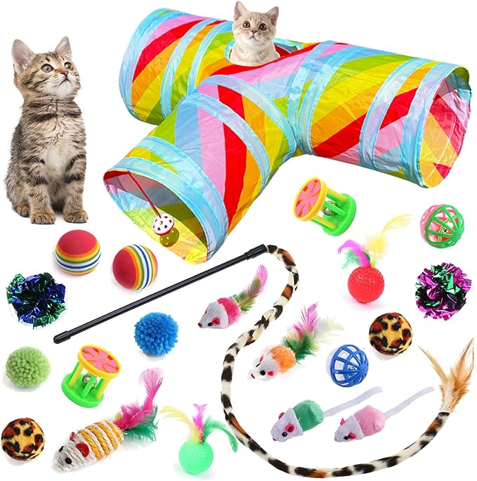 Cat Toys Kitten Toys for Indoor Cats Collapsible Cat Tunnels Tube Toy Bundle Pack, Cat Feather Teaser Interactive Feather Toy Fluffy Mouse Crinkle Balls Play for Cat Puppy Kitten