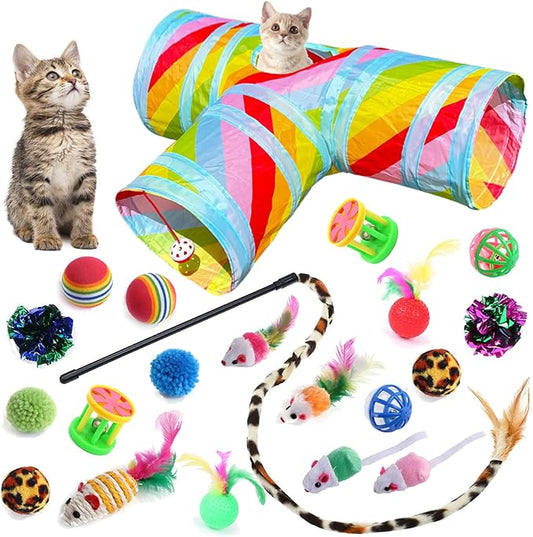 Cat Toys Kitten Toys for Indoor Cats Collapsible Cat Tunnels Tube Toy Bundle Pack, Cat Feather Teaser Interactive Feather Toy Fluffy Mouse Crinkle Balls Play for Cat Puppy Kitten