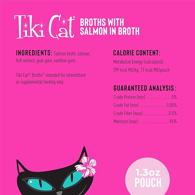 Tiki Cat Born Carnivore Broths, Salmon Recipe, Hydration and Flavor Supplement Cat Food Topper, 1.3 oz. Pouch (Pack of 12)