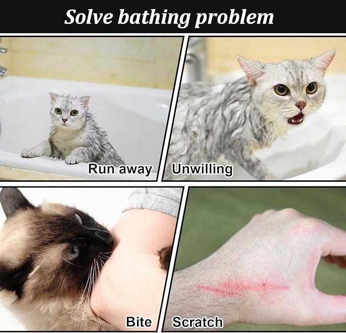 Cat Bathing Bag, Breathable Mesh Cat Shower Bag Anti Scratch Adjustable Cat Grooming Bag for Nail Trimming, Bathing Polyester Soft Cat Washing Bag (White- Black)