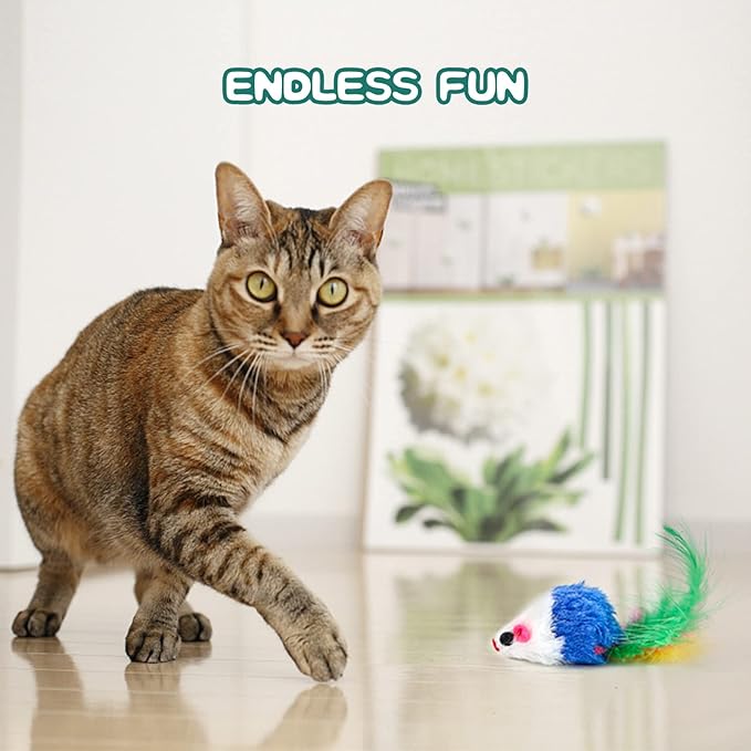 FYNIGO Cat Mouse Toys,17 PCS Cat Toy Mice Rattle Set,Interactive Cat Toy for Indoor Cats and Kittens,Assorted Color Catnip Toys with Feather Tail