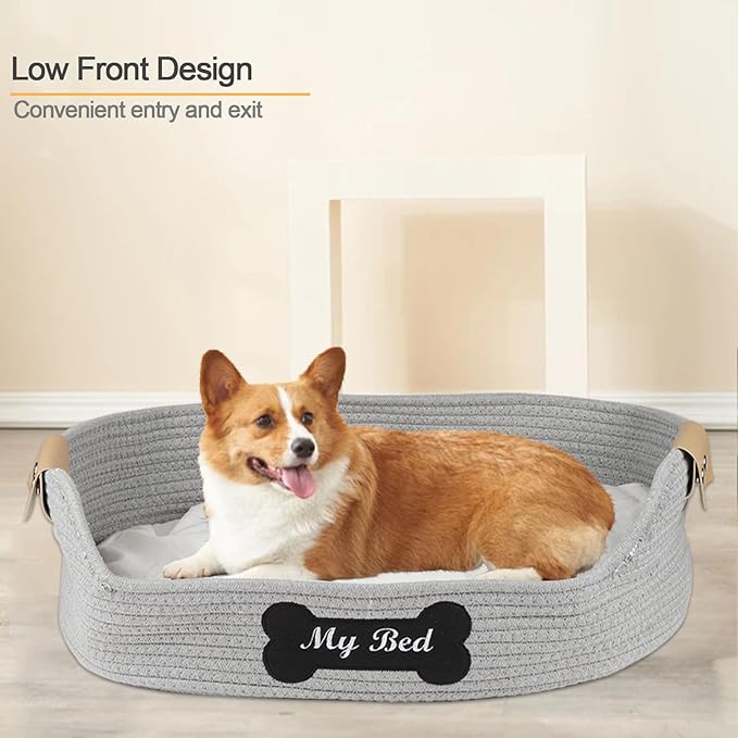 Cat Beds for Indoor Cats,21.6''X15.7''Cotton Rope Puppy Bed,Woven Rope Kitty Nest Cat Nap Bed with Soft Cushion,Handwoven Dog Cat Bed Basket -Scratch Resistant