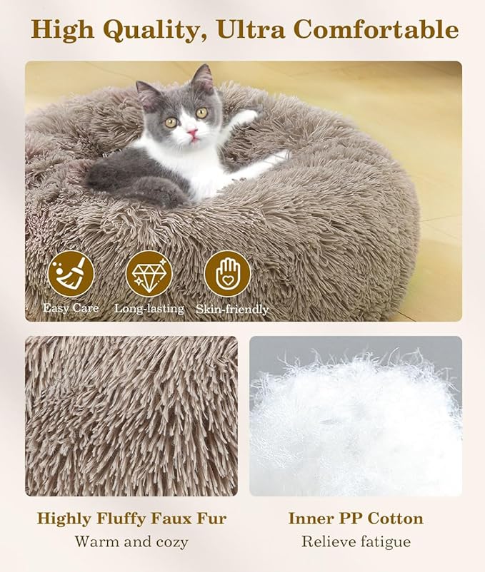 Round Dog Bed for Small Dogs, Donut Cuddler Plush Cat Calming Bed with Machine Washable, Non-Slip Fluffy Dog & Cat Calming Cushion Bed for Joint-Relief and Sleep Improvement, M Size, Khaki