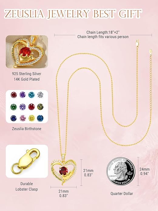 Birthstone Cat Necklaces,925 Sterling Silver Cat Necklace Heart Pendant for Women,Dainty Animal Jewelry for Her,Wedding Anniversary Birthday Gifts for Women Mom Grandma