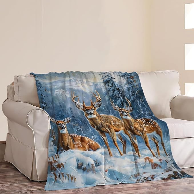 Deer Snow Winter Forest Print Blanket Wild Animal Country Nature Night Western Throw Blankets Gifts for Couch Sofa Bed Stuff Decor Soft Fleece Plush Warm Flannel Bedding for Lover Men Women 50"x60"