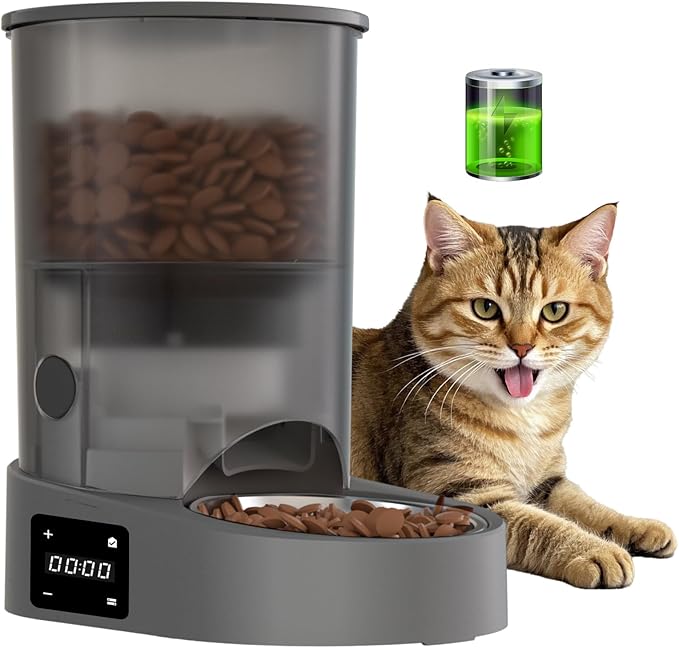 Automatic Cat Feeder, Rechargable 4L Cat Food Dispenser, Timed Pet Feeder with Dry Food Dispenser,Auto Feeder Up to 6 Meals, 6 Portions Per Meal - Grey