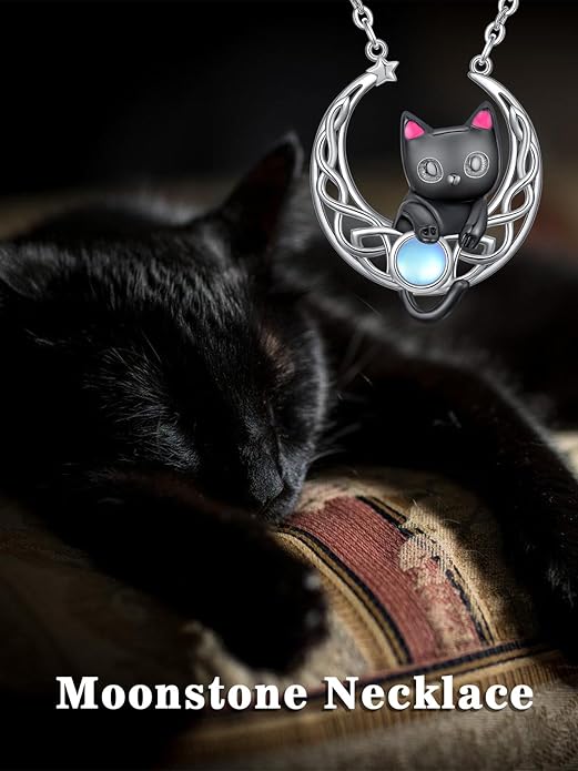 Black Cat/Dragon/Fox/Wolf Necklace 925 Sterling Silver Celtic Moon Pentagram Pendant Gothic Jewelry Goth Halloween Gifts for Women