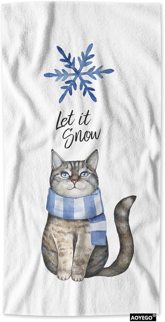 AOYEGO Gray Cat Kitchen Towel Winter Snowflake Kitten with Blue Striped Scarf Hand Towel Soft Absorbent Microfiber Towels for Hair Spa Hotel 15x30 Inch