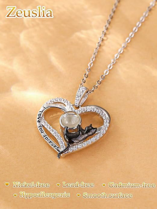 Birthstone Cat Necklaces,925 Sterling Silver Cat Necklace Heart Pendant for Women,Dainty Animal Jewelry for Her,Wedding Anniversary Birthday Gifts for Women Mom Grandma