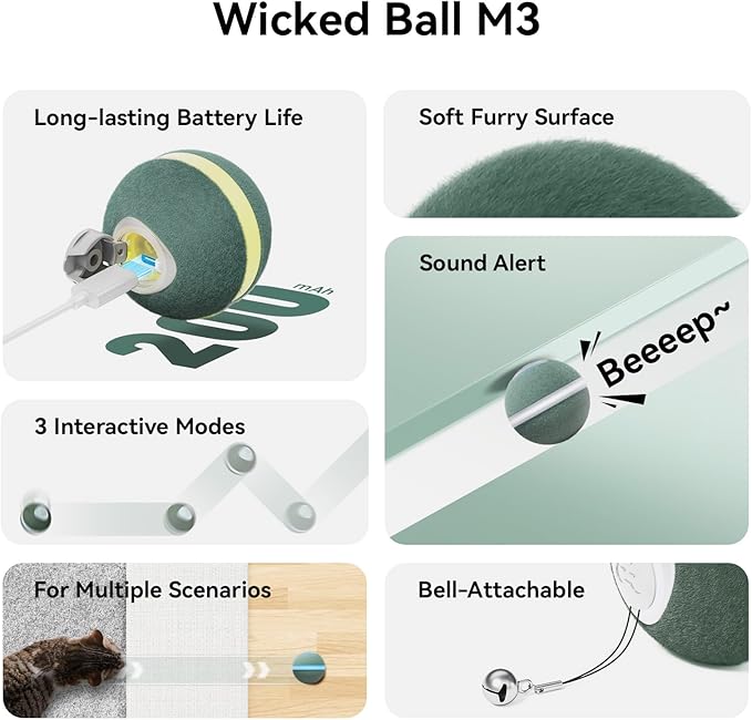 Cheerble 【2025 Upgrade】 Interactive Cat Ball Toy, Wicked Ball M3, Automatic Moving Ball Toy for Indoor Cat Kitten, Smart Anti-Depression Pet Toy Fun Gift with Light