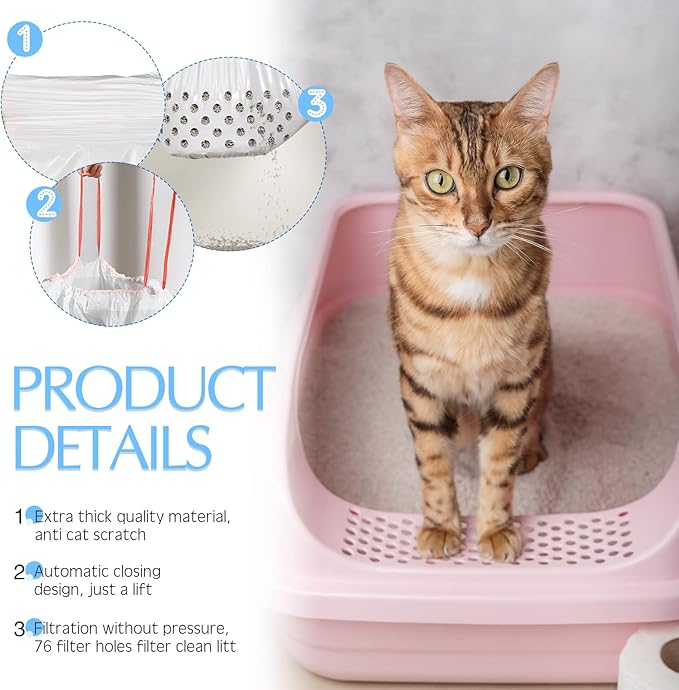 56 Count 31 x 18 Inch Sifting Cat Litter Bags Large Thick Cat Litter Box Liners with Holes Portable Thick Cat Litter Bags Drawstring Litter Box Liners for Pets Cats Litter Box Supplies