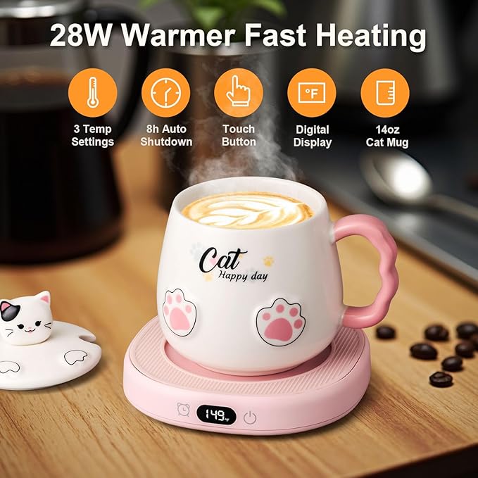 Bsigo Smart Coffee Mug Warmer & Cute Cat Mug Set, Coffee Beverage Cup Warmer for Desk Home Office, Candle Warmer Plate for Cocoa Milk Tea Water with 3 Temperature Up to 149℉/ 65℃, 8 Hour Auto Shut Off