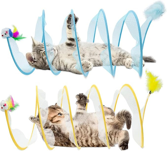 Folded Cats Tunnel Toy for Cats, Collapsible Cats Spring Tunnels Toy with Feather Mouse Toys, Played Tunnels Cats Tunnel Bed Tube Inside Cats, Interactive Cats Toy for Puppy Kitten