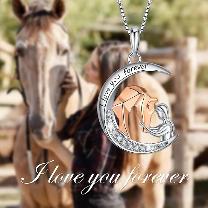 925 Sterling Silver Pig/Koala/Frog/Cat Horse Necklace I Love You to the Moon and Back Cute Animal Love Heart Moon Pendant Necklaces Jewelry Birthday Gifts for Women Best Friends