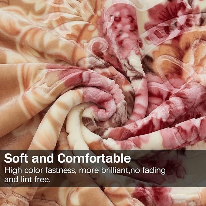 JML King Size Fleece Blanket, Korean Mink - 85 X 95 Inches, 9 Lbs, Soft and Warm, Thick Raschel Printed Mink Blanket for Autumn, Winter, Bed, Home (Printed - Khaki Floral)