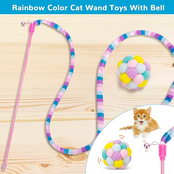 Retro Shaw Cat Toys, Cat Wand Teaser Toys Cat Fuzzy Balls with Bell Inside and Cat Springs, Interactive Cat Toys for Indoor Cats Kittens Kitty, 3 Pack