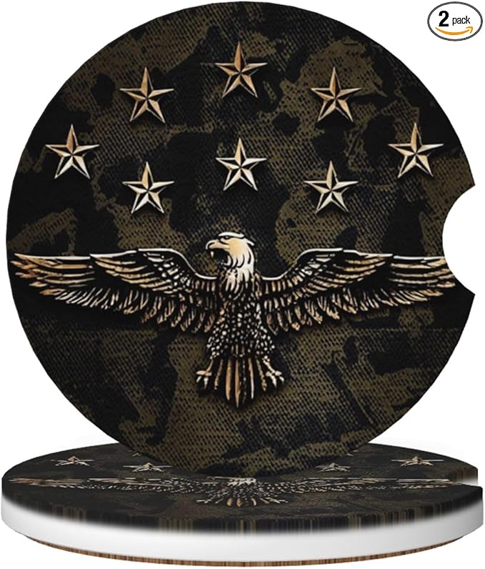 Absorbent Ceramic Car Coasters for Cup Holders, Camo Bald Eagle Design 2.56" Anti Slip Universal Drink Cup Coasters for Women Men (2 Pack)
