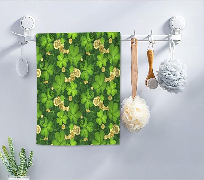 AOYEGO Gold Coin Green Shamrock Leaf Hand Towels St Patrick's Day Luck Highly Absorbent Soft Towels Bathroom Beach Kitchen Spa Gym Face Towel 15x30 Inch