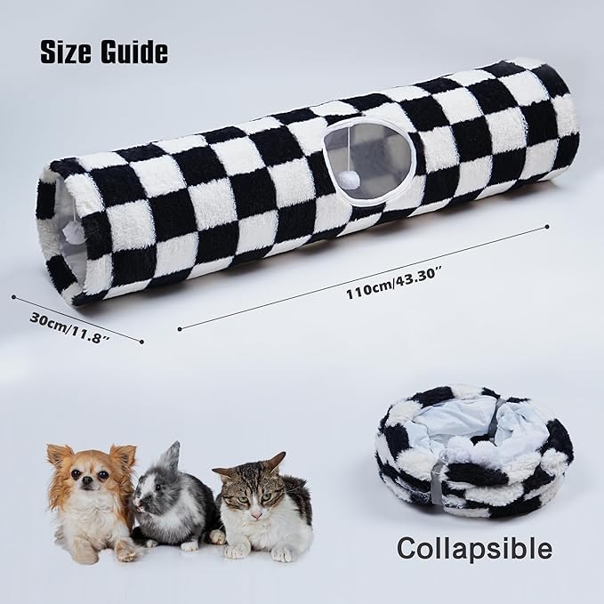 Luxurious Cat Tunnel,43" Straight Cat Tunnel Bed with Balls,Cat Toys for Indoor Cats,Collapsible Peekaboo Cat Cave for Kitten Toys（White and Black）