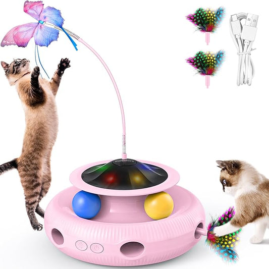 Interactive Cat Toy: 3 in 1 Automatic Cat Toy for Indoor Cats, Electric Kitten Toy with Rechargeable Battery, Self Play Kitty Toy with Rotating Fluttering Butterfly, Track Ball and Ambush Feather,Pink